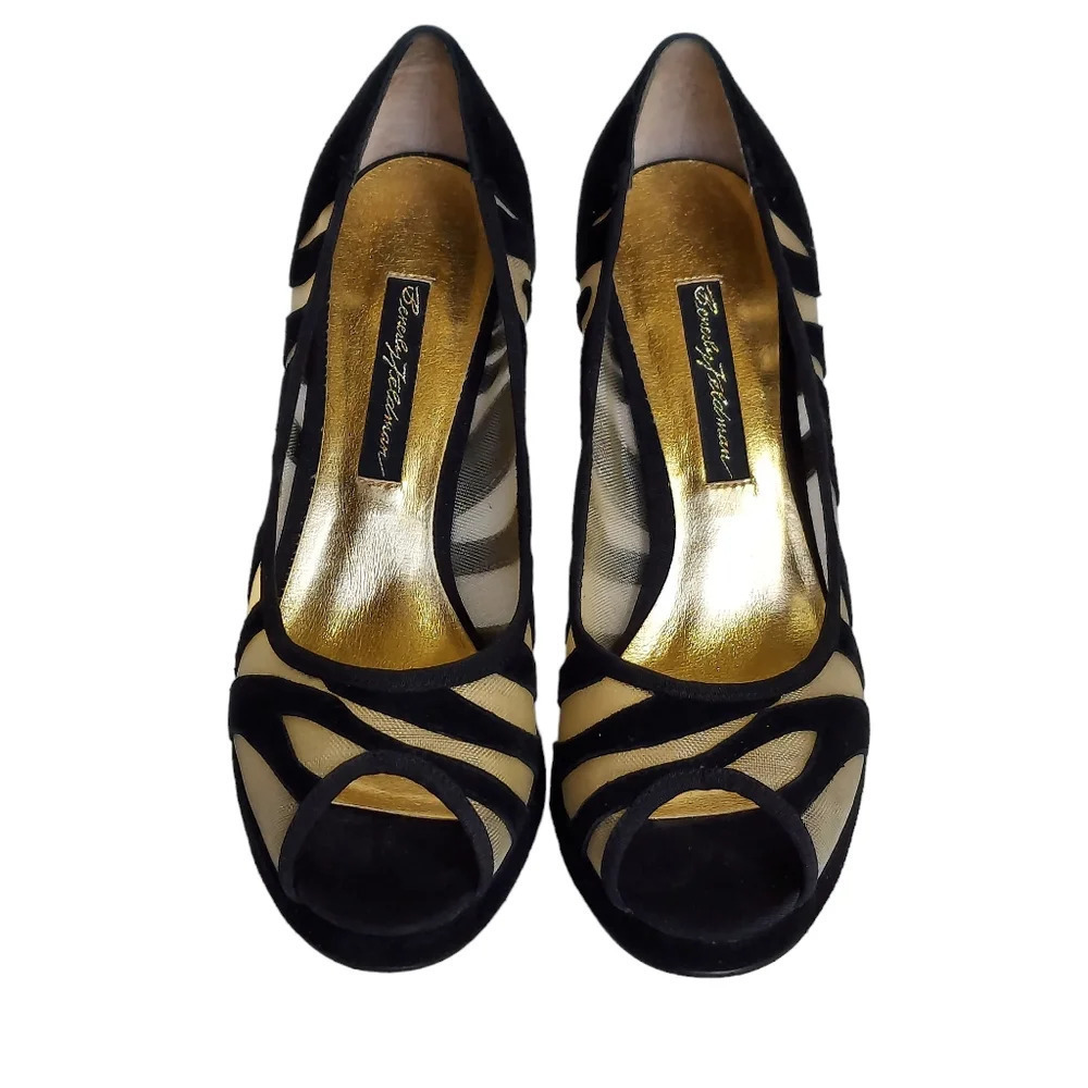 Beverly Feldman Honey2 Black Suede and Mesh Peep Toe Heel - Picture 4 of 16